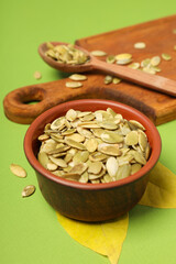 Concept of Autumn vibe food, Pumpkin, Pumpkin seeds