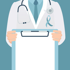 Close-up of a male doctor in lab coat in his office holding a clipboard. Nonember is Prostate Cancer Awareness Month.  Prostate Cancer Ribbon Background. Vector illustration