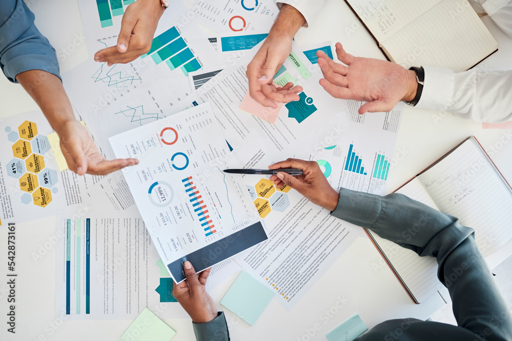 Poster digital marketing, hands and data analysis meeting for financial reports and branding for a startup 