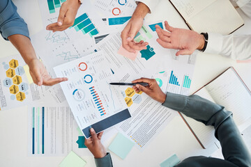Digital marketing, hands and data analysis meeting for financial reports and branding for a startup company. Paperwork, charts and business people planning a global seo promotional campaign project - obrazy, fototapety, plakaty
