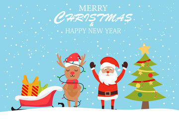 Merry Christmas and happy new year with cute Santa Claus and ,deer cartoon character vector. greeting card