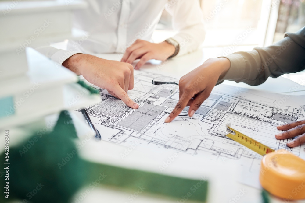 Poster blueprint, design and hands of architects planning construction, strategy and idea for architecture 