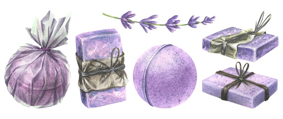 Handmade soap and bath bombs. Watercolor illustration. Mini set from the LAVENDER SPA collection. For decoration and design, compositions, price tags, menu, spa salon, cosmetics, logo