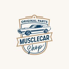 American Muscle logo template. Vintage style vector illustration element for retro design label. Suitable for garage, tires, car wash, restoration, repair and racing. Original Parts Musclecar shop.