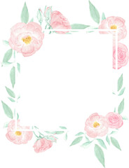 Fototapeta na wymiar watercolor pink wild rose with golden frame wreath on pink splash background