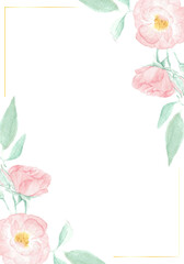 Fototapeta na wymiar watercolor pink wild rose with golden frame wedding or birthday invitation card