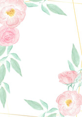 Fototapeta na wymiar watercolor pink wild rose with golden frame wedding or birthday invitation card
