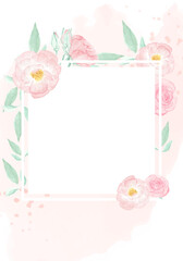 watercolor pink wild rose with golden frame wedding or birthday invitation card