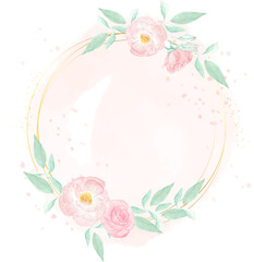 watercolor pink wild rose with golden frame wreath on pink splash background