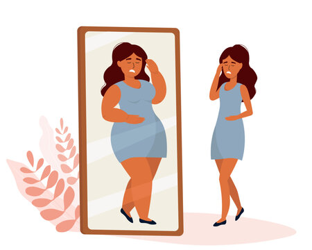 A thin girl looks in the mirror and sees herself fat. The concept of eating disorders, anorexia, bulemia. A woman wants to lose weight. Vector graphics.