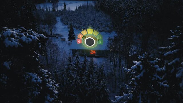 Smart home saving energy, winter house turning efficient - animated efficiency meter