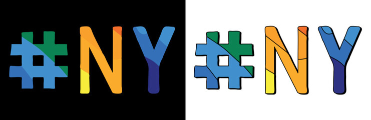 Hashtag # NY. Set 2 in 1. Bright funny cartoon color doodle isolated text. Trendy popular Hashtag #NY for New York, print, social network, advertising banner, t-shirt design. Stock vector picture.