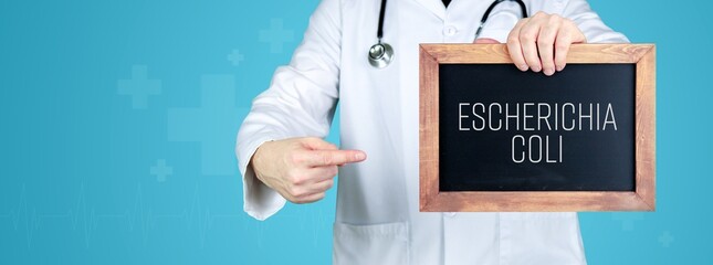 Escherichia coli (E. coli). Doctor shows medical term on a sign/board