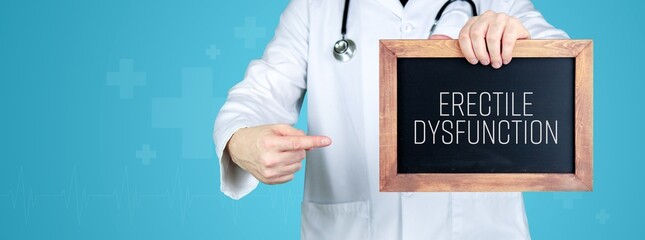 Erectile dysfunction (impotence). Doctor shows medical term on a sign/board