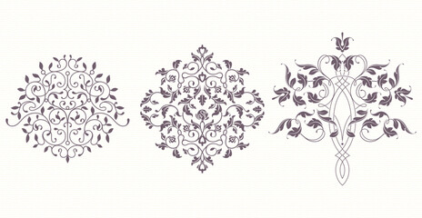 Set of floral ornaments. Decorative symmetrical element.