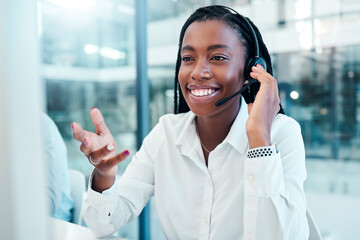 Communication, call center and black woman consulting at computer with professional customer...