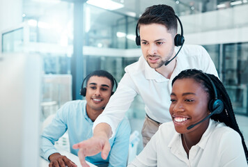 Telemarketing team, training and customer service leader coaching consultation in office. Crm consultant with headset, contact us and business help desk support management agency or call center coach - obrazy, fototapety, plakaty