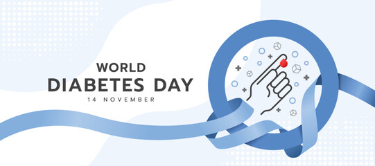 world diabetes day - red drop blood on finger hand in blue circle ring sign with blue ribbon roll around vector design