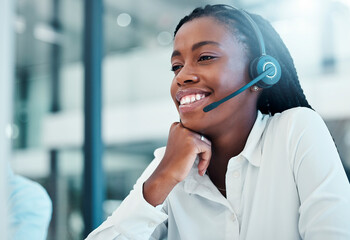 Black woman, call center and headphone with microphone, contact us and employee in customer service...