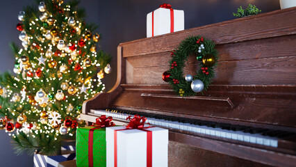 Christmas tree and old piano, 3d rendering © AddMeshCube