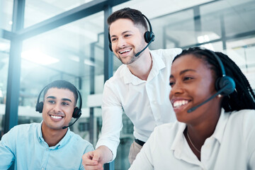 Customer support, call center and team working together in office, manager helping workers....