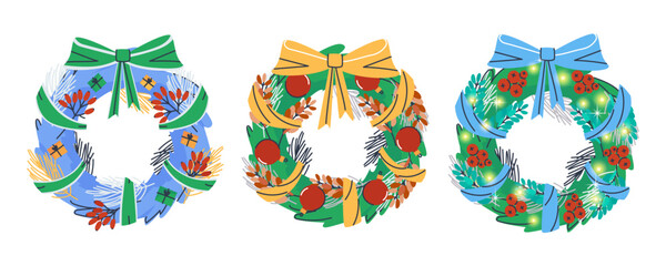 Three wreaths of coniferous branches are decorated with ribbons, berries, and balls. Wreath of blue spruce. Set of three. Festive decoration for congratulations. Flat vector illustration, eps10