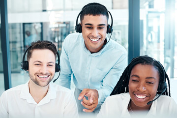 Call center, training and happy employees working at a crm telemarketing company together....