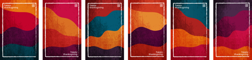 Happy Thanksgiving theme color tone, hues crushed paper vertical background template frame. November fall. Set of 6 color collection. User interface backdrop texture pattern. Online app visual concept - obrazy, fototapety, plakaty