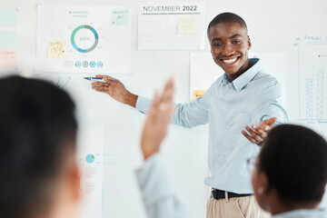 Training, black man and leader presentation, discussion for marketing data and workshop with chart, talking and office. Brainstorming, male trainer and coach speaking, business finance and smile.