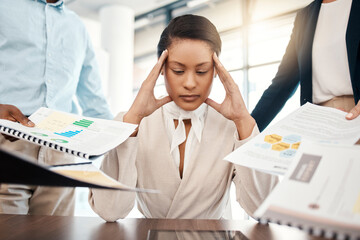 Stress headache, burnout and woman overwhelmed with workload with poor time management. Frustrated,...