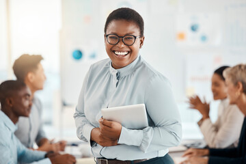 Black woman with tablet, leader and business meeting with corporate presentation portrait, speaker and leadership of team. Presenter in conference room, professional and tech, diversity in workplace.