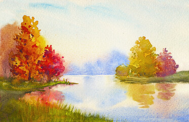 Autumn watercolor landscape hand drawn illustration with trees with vibrant foliage, river or lake water surface with reflections - 542878515