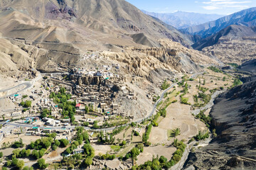 aerial view of Lamayuru village and Lamayuru Monastery or Gompa is a tibetan style buddhist...