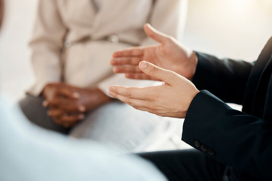 Woman, Hands And Support Circle For Office Team Building, Company Mental Health Or Teamwork Collaboration. Zoom, Help Or Business People With Worker Diversity In Psychology Counseling Therapy Meeting