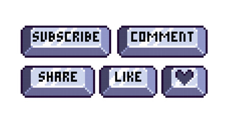 Social media steel banner pixel art set. Like, subscribe, comment, share metallic buttons collection. 8 bit sprite. Game development, mobile app. Isolated vector illustration.
