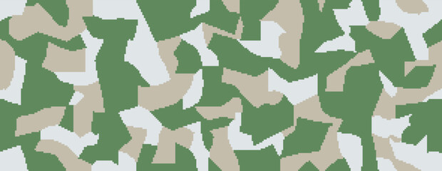 Digital camouflage seamless urban pattern. Patchwork camo military green and white texture. Pixel abstract background. Vector illustration