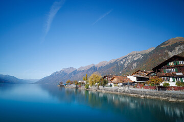 The calm blue waters of Lake Brienz, a lake just north of the Alps, in the canton of Berne in Switzerland
