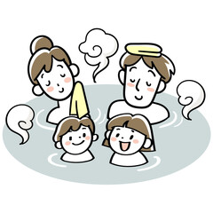 温泉につかってリラックスする4人家族