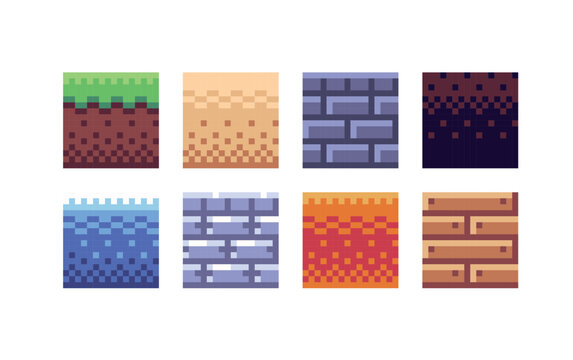 Square tile pixel art set. Different ground texture grid collection. 8 bit sprite. Game development, mobile app.  Isolated vector illustration.