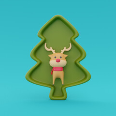 Christmas tree with cartoon character reindeer. Merry Christmas and Happy New Year. 3d rendering.