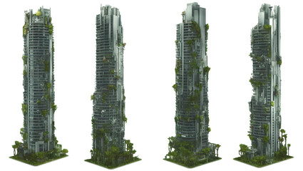 City high-rises, doomsday ruins,Abandoned tall building with a lot of moss and plants