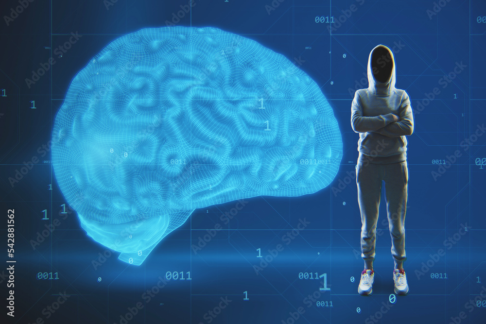 Poster abstract image of hacker with creative blue brain hologram on blurry background. neurology, data hac