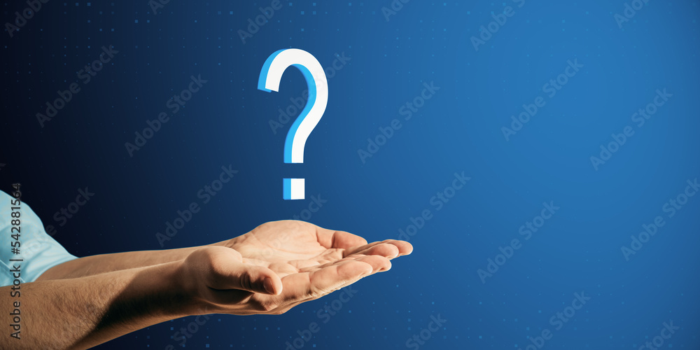 Poster close up of male hands holding abstract digital question mark on blue background with mock up place 