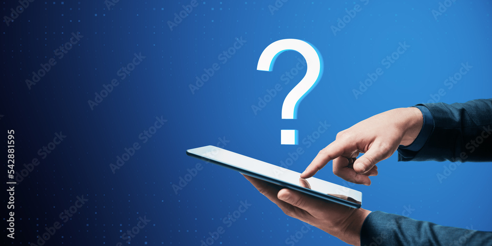 Poster close up of businessman hand pointing at tablet with abstract digital question mark on blue backgrou