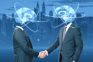 Creative blue atom brain headed businessmen shaking hands on blurry city background. Neurology,...