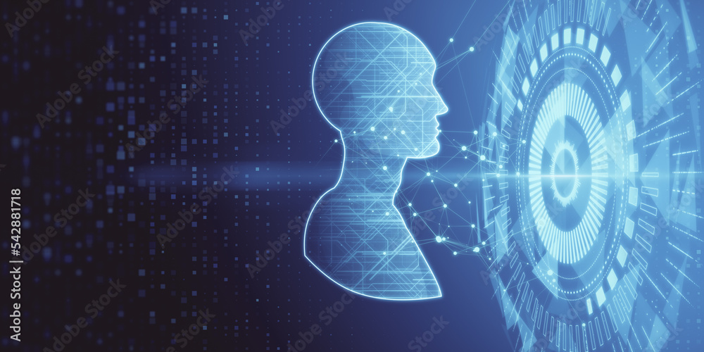 Poster Abstract glowing artificial intelligence and machine learning hologram on blurry blue texture. 3D Rendering.