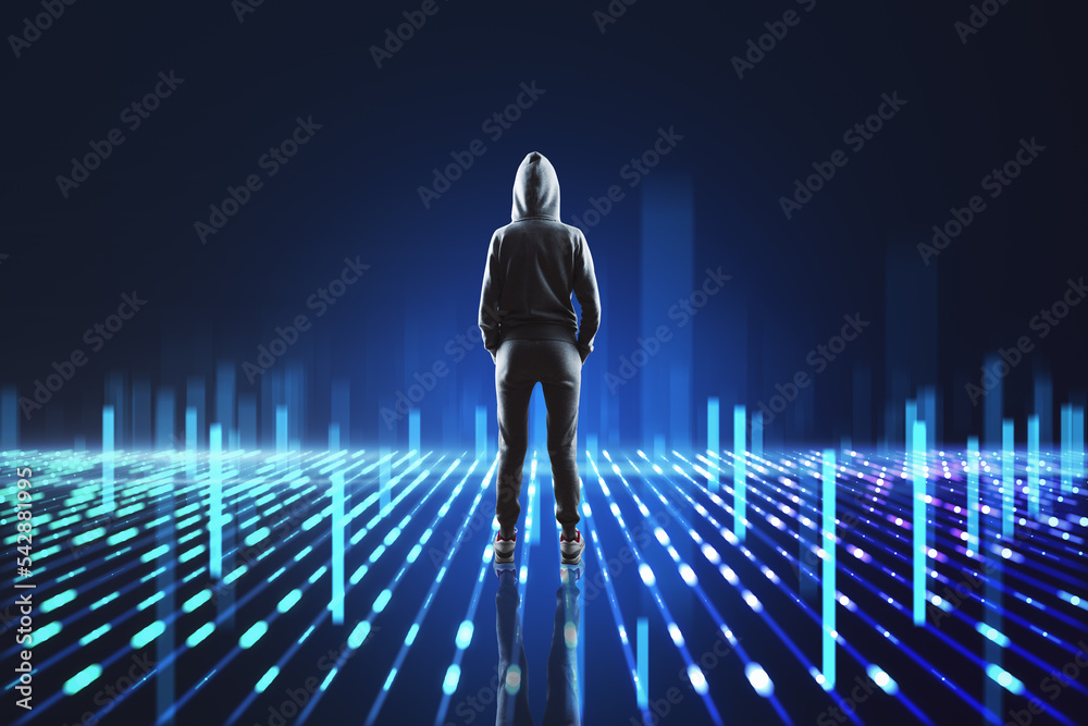 Poster Hacker standing on creative blue metaverse background. Digital future, data hacking and cyberpunk concept.