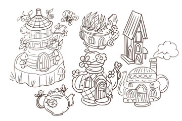 
House pumpkin fabulous magical children's cartoon character forest mushrooms leaves hand drawn sketch doodle graphics separately  antistress coloring pages fairy forest magic stories mushrooms
