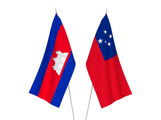 National fabric flags of Independent State of Samoa and Kingdom of Cambodia isolated on white background. 3d rendering illustration.