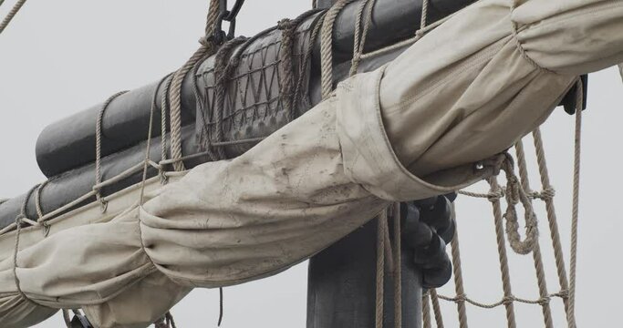 Ferdinand Magellan Nao Victoria carrack boat replica  mast and sail detail shot in slow motion 60fps